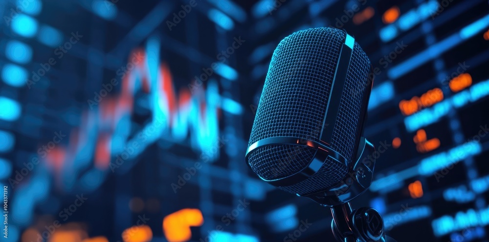 Glowing Retro Microphone with Blue Stock Market Chart in the Background for Podcast or Radio Glowing Retro Microphone with Blue Stock Market Chart in the Background for Podcast or Radio