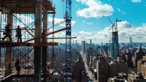 Construction Workers on Skyscraper in City Landscape