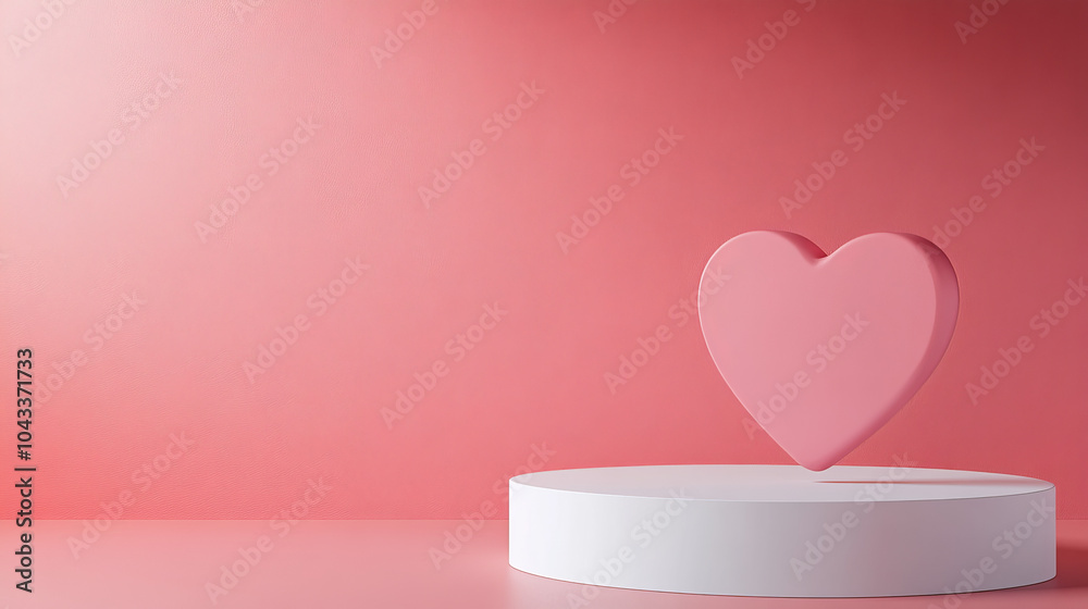 A simple, pink 3D room with a white cylinder stand, shaped like a heart, perfect for showcasing products. This minimal design is ideal for Valentine's Day presentations. A simple, pink 3D room with a white cylinder stand, shaped like a heart, perfect for showcasing products. This minimal design is ideal for Valentine's Day presentations.