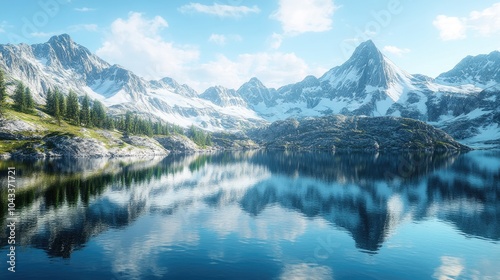 A tranquil mountain lake, reflecting snow-capped peaks and creating a flawless mirror effect in the calm, clear water