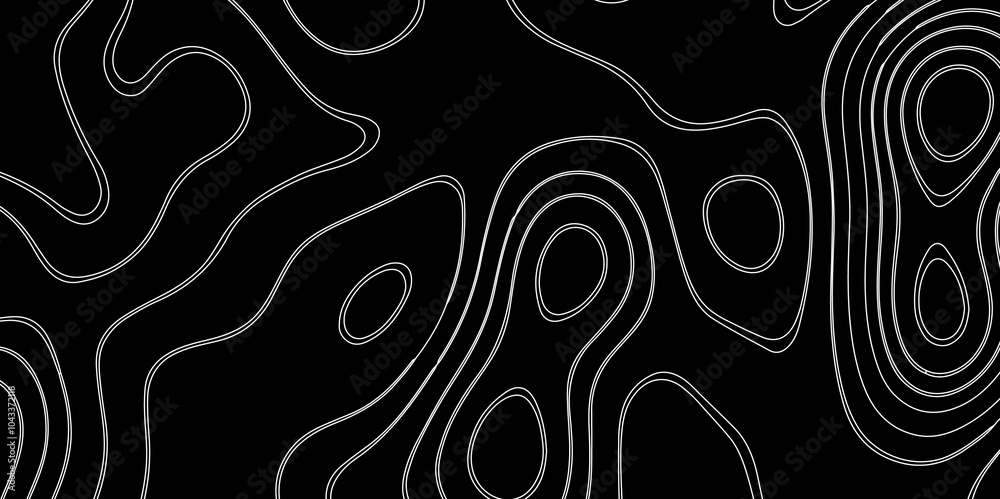 Abstract white on black background with Topographic line map pattern. abstract wavy and curved lines background. linear map. Dark seamless design. Bold tile able isolines pattern. Vector illustration. Abstract white on black background with Topographic line map pattern. abstract wavy and curved lines background. linear map. Dark seamless design. Bold tile able isolines pattern. Vector illustration.