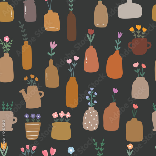Terracotta vases with flower seamless patterns.  the design used for fabric, newborn apparel, textiles, and wallpaper vector illustration