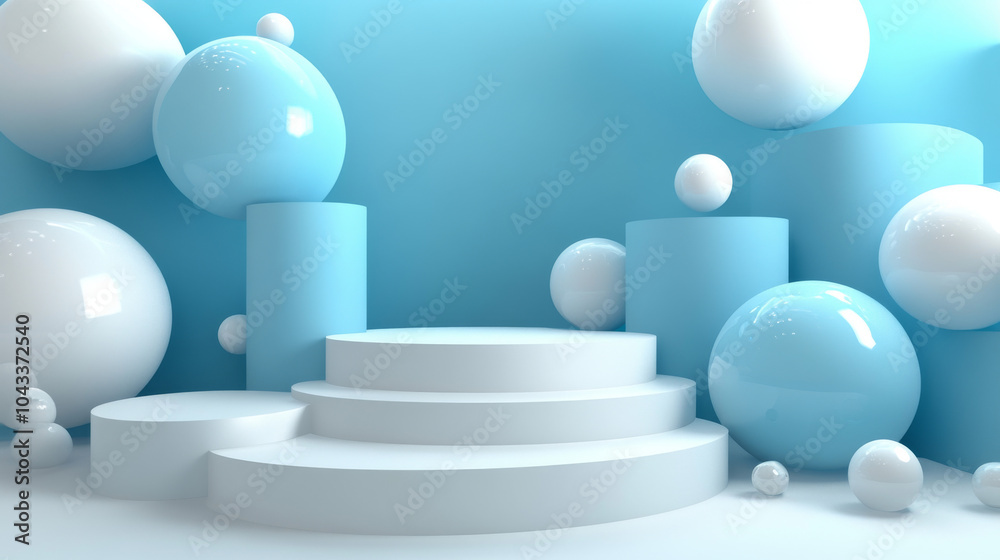A simple, colorful 3D scene with a white and blue cylinder podium. It features spheres and beads, and is perfect for showcasing products. A simple, colorful 3D scene with a white and blue cylinder podium. It features spheres and beads, and is perfect for showcasing products.