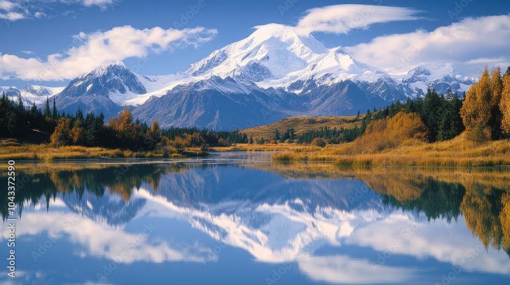Pristine mountain lake with snow-capped peaks reflected perfectly in the water, creating a breathtaking mirror image Pristine mountain lake with snow-capped peaks reflected perfectly in the water, creating a breathtaking mirror image