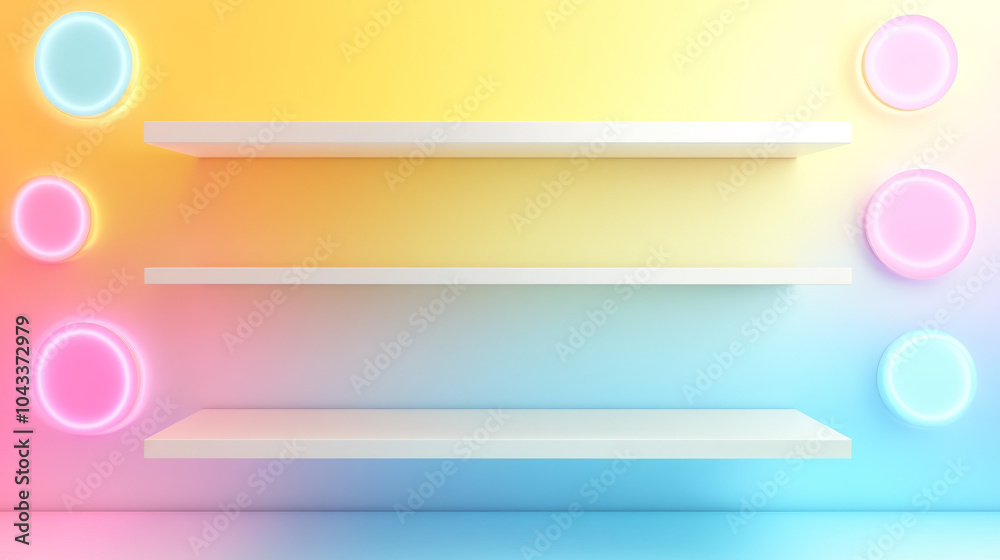 Three white shelves against yellow, blue, and pink walls, with glowing neon circles in the background. This 3D design is perfect for showing off cosmetic products. Three white shelves against yellow, blue, and pink walls, with glowing neon circles in the background. This 3D design is perfect for showing off cosmetic products.