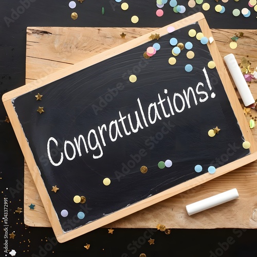 Congratulations best wishes lettering text on black chalk board with white sprinkles powder around it photo