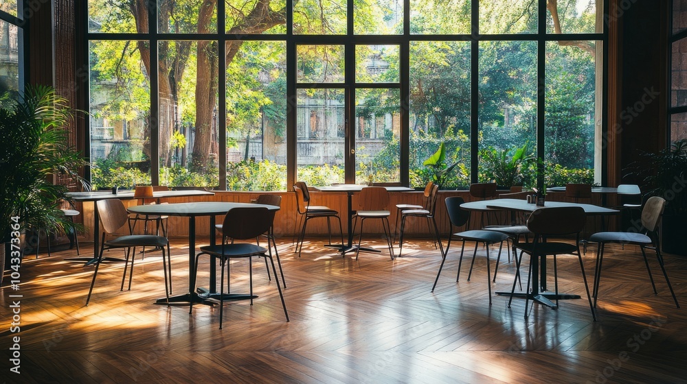 Clean, open office layout with tables and office chairs set against warm parquet floors and green scenery outside Clean, open office layout with tables and office chairs set against warm parquet floors and green scenery outside