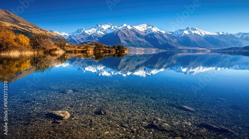 A clear mountain lake reflecting snow-capped peaks, with the water creating a perfect mirror of the surrounding natural beauty