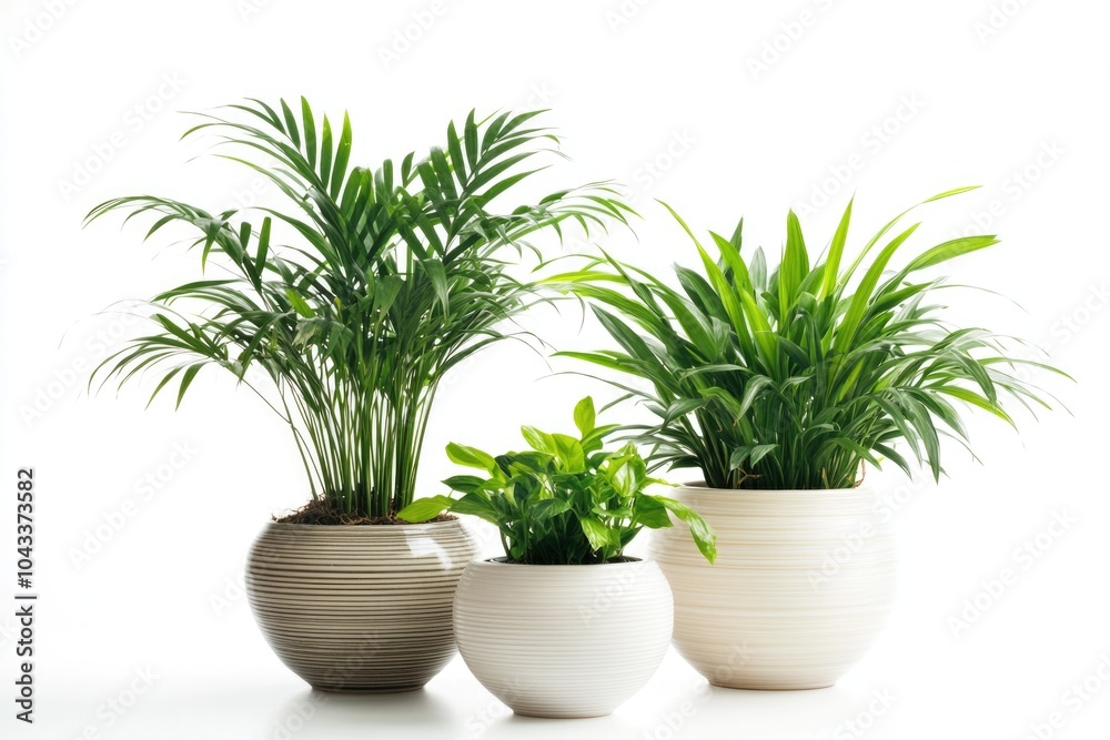 Fototapeta premium Three potted plants placed on a clean and minimalist white background