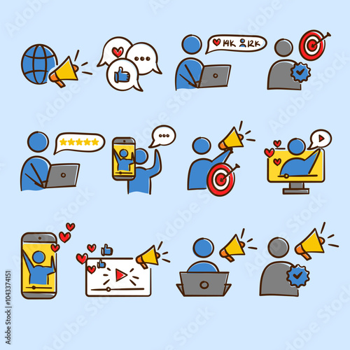Influencer icon set collection. Hand drawn doodle of content creator theme icons pack. Vector flat line colorful style of online marketing and branding illustration concept design.