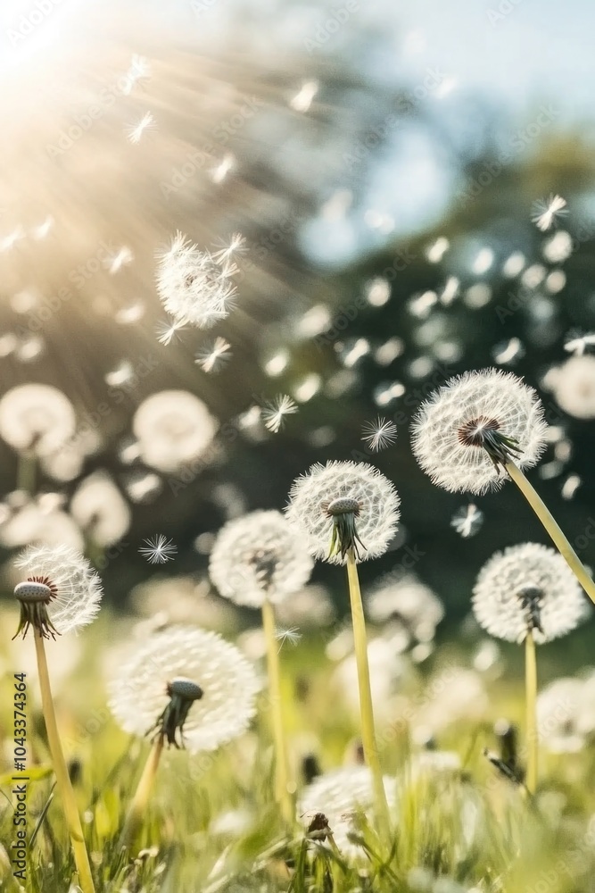 Obraz premium A group of dandelions are blown by the wind, their delicate seeds dispersing into the air