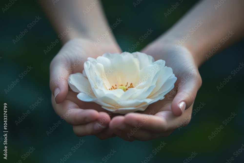 A person is shown holding a white flower in their hands, with a gentle and delicate expression A person is shown holding a white flower in their hands, with a gentle and delicate expression
