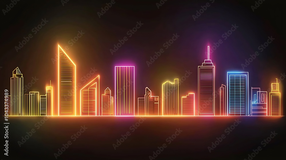 Naklejka premium Neon Outline City Skyline in Energetic Colors