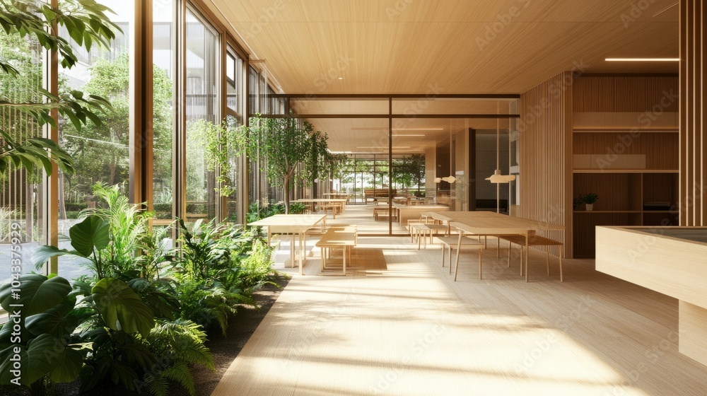 Modern office interior with communal work tables, parquet floors, and greenery visible from the window Modern office interior with communal work tables, parquet floors, and greenery visible from the window