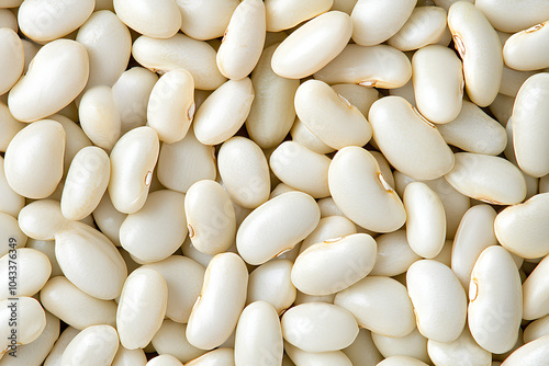 Close up of white beans. The beans are small and white in color. They are spread out in a pattern, with some beans overlapping each other. Concept of abundance and variety