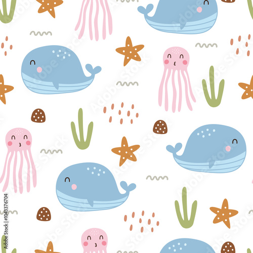 Nursery seamless patterns whale and squid in the sea. marine life background hand drawn design in cartoon style. design for Newborn apparel, textiles, and wallpaper
