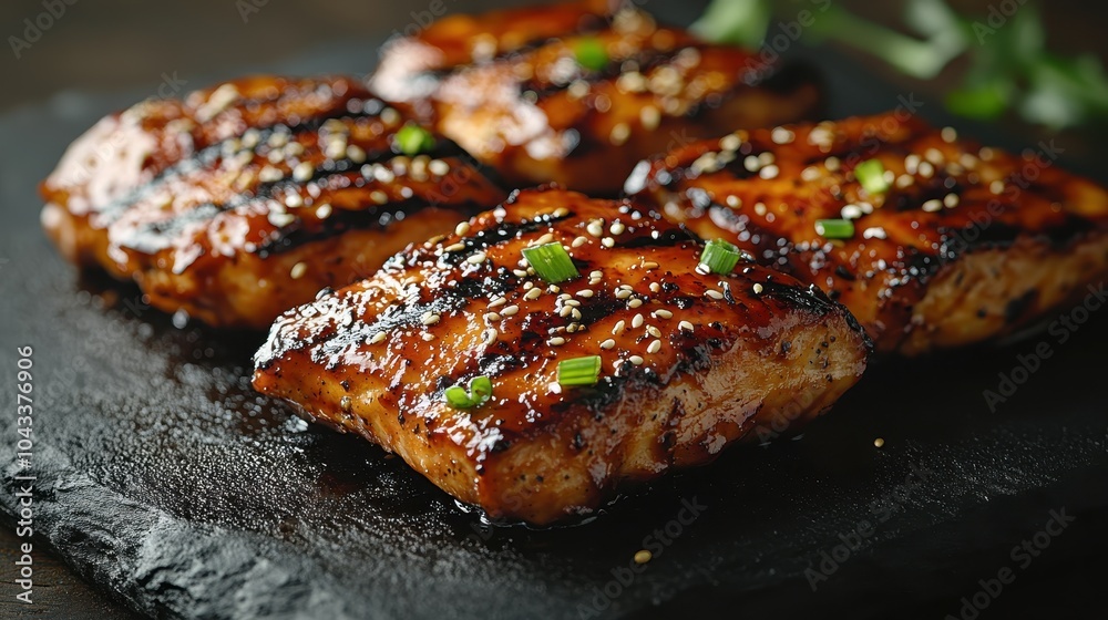 Grilled salmon fillets with glaze and sesame garnish on slate serving board Grilled salmon fillets with glaze and sesame garnish on slate serving board