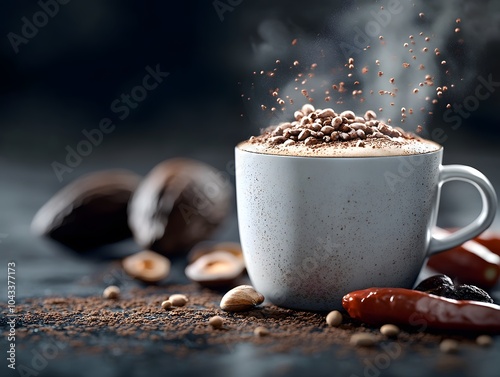 Hot chocolate topped with cocoa nibs and spices in ceramic mug photo