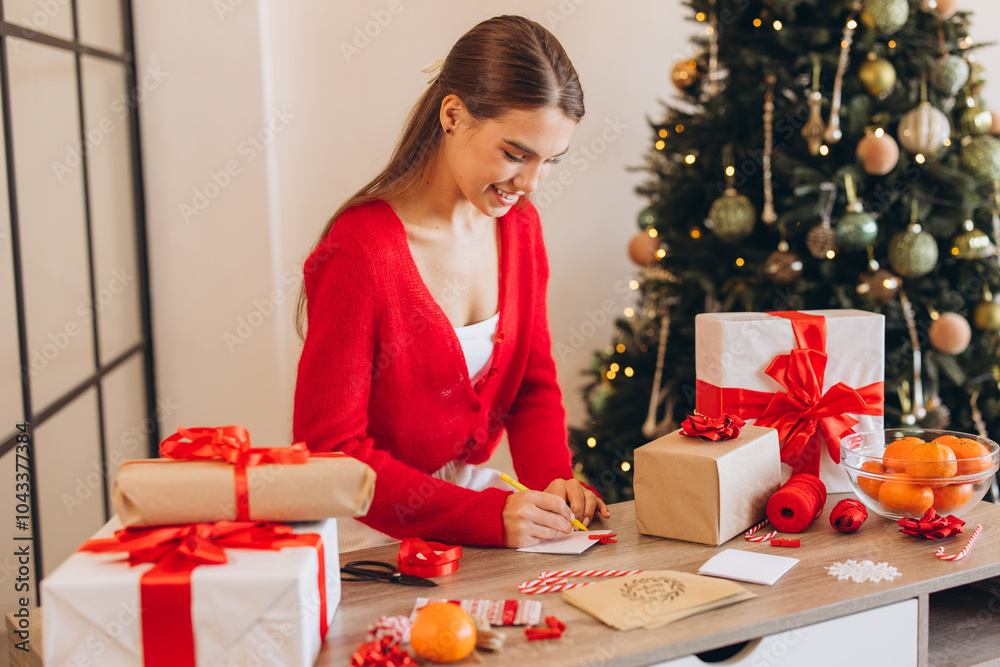 Fototapeta premium Woman Writing Holiday Cards at Gift Wrapping Station