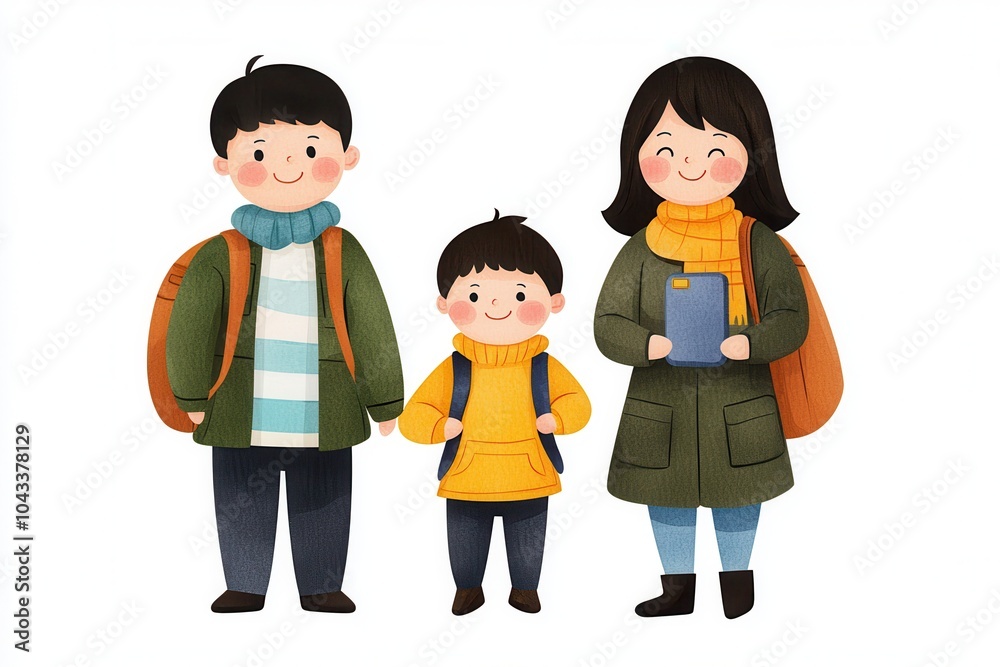Family illustration with parents and child, white isolate background Family illustration with parents and child, white isolate background