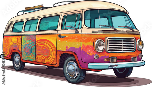 Old bus isolated on white,Hippie vintage bus, retro car, hand-drawing, cartoon transport with airbrushing. Bright yellow purple bus painted colorful flowers. Isolated vector illustration
