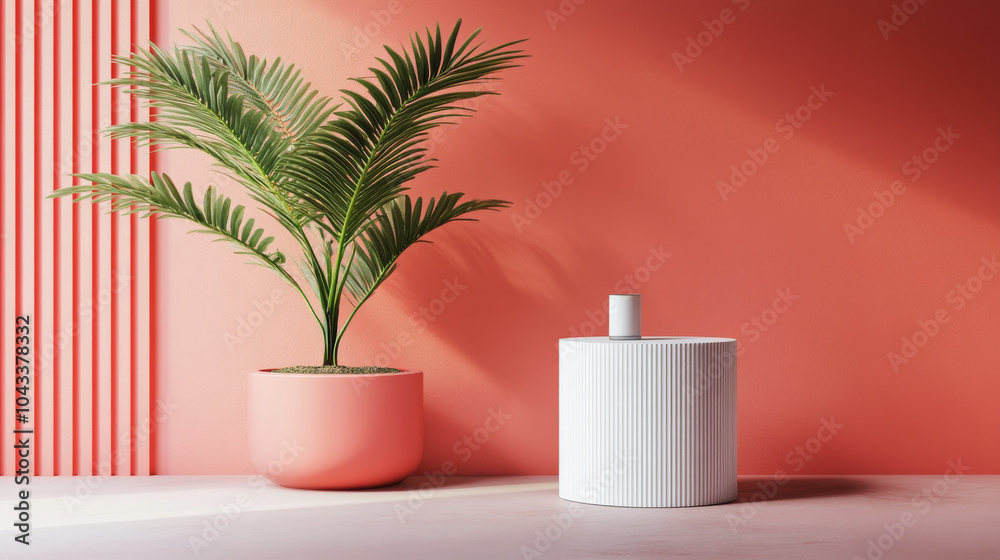 A modern, pink and white cube pedestal stands against a bright pink wall. It's perfect for showcasing products in a stylish, minimalist room. A modern, pink and white cube pedestal stands against a bright pink wall. It's perfect for showcasing products in a stylish, minimalist room.