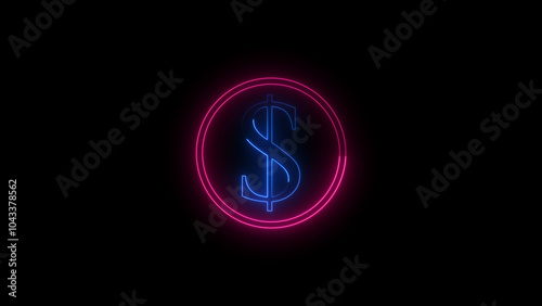 Neon dollar icon. Glowing neon dollar sign, outline money symbol in vivid colors. Online banking and investment, Dark background.