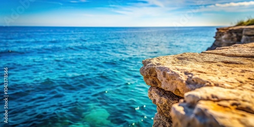 Rocky ledge jutting out over blue colored seawaters macro photo