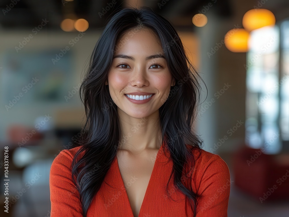Obraz premium joyful asian businesswoman celebrating a significant achievement in a modern office, her black hair framing a beaming smile, embodying success and confidence in a vibrant, professional setting