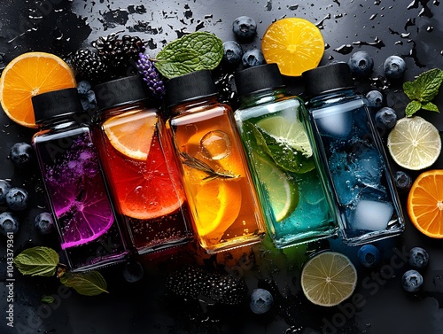 Colorful fruit-infused water bottles with citrus, berries, and mint photo