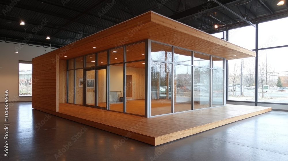 Obraz premium Wooden modular home with floor-to-ceiling windows, set up for display inside an industrial showroom.