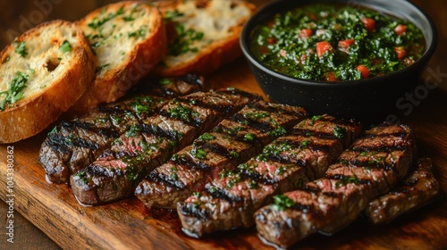 Sizzling grilled steak with herb sauce and toasted bread on a wooden platter