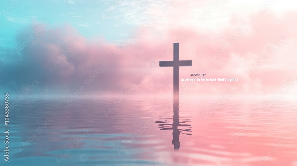 The cross of Jesus Christ floating on the water, with a pastel sky background. The cross of Jesus Christ floating on the water, with a pastel sky background.