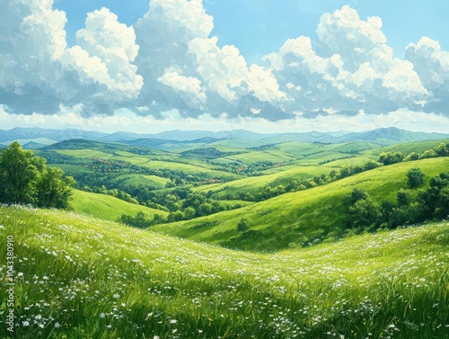 lush green hills blend seamlessly with fluffy white clouds in a serene painting, capturing the tranquility of nature and evoking a sense of peace and harmony in the viewer