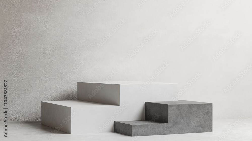 A simple, modern scene with a white and gray cube podium. The podium has steps and is set against a plain white wall. This 3D design is perfect for showcasing products. A simple, modern scene with a white and gray cube podium. The podium has steps and is set against a plain white wall. This 3D design is perfect for showcasing products.