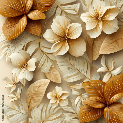 Abstract botanical art background with tropical leaves in line style in brown and beige colors.