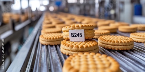 Photograph of biscuits on a conveyor belt in a factory, ready for packaging