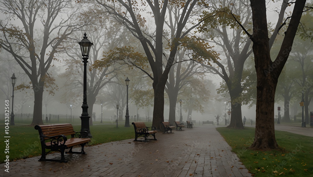 A foggy, wet park path lined with trees and park benches. A foggy, wet park path lined with trees and park benches.