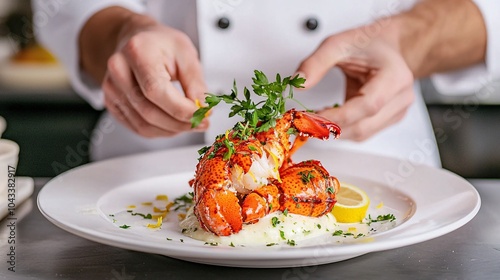 A chef garnishes a beautifully presented plate of lobster with fresh herbs and lemon, showcasing exquisite culinary artistry.