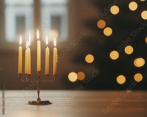 Classic menorah with lit candles against a warm bokeh background, evoking a festive ambiance. photo