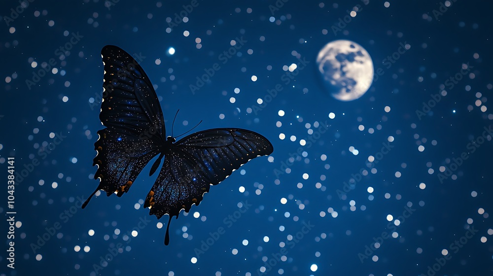Naklejka premium A captivating lunar butterfly dances gracefully under a star-studded night sky illuminated by the glowing moon