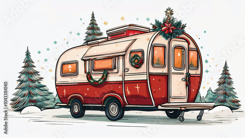 Retro red Christmas caravan drawing isolated on white, santa claus on the car, cartoon hand-drawing caravan
