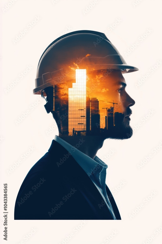 A thoughtful construction professional in profile, showcasing an overlay of urban architecture, symbolizing innovative design and development.