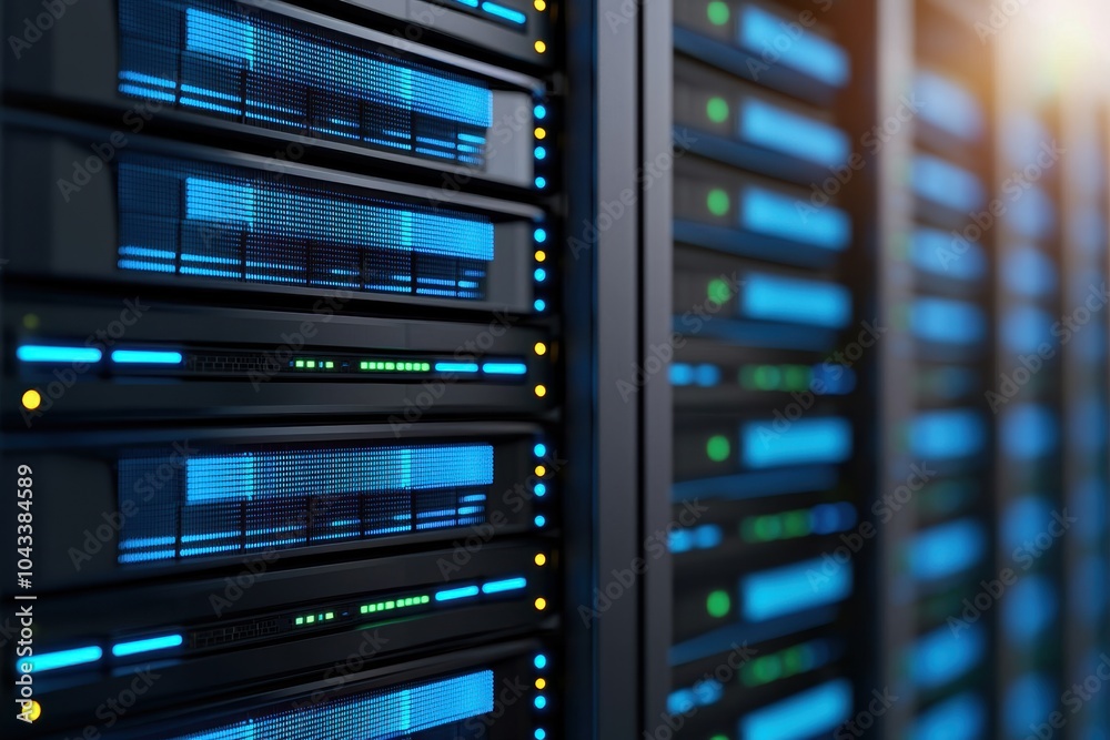 A close-up view of modern data server racks with glowing blue and green lights, showcasing advanced technology in a server room.