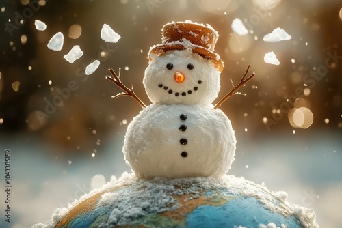 A stylized image of a melting snowman on top of a globe symbolizing the disappearance of polar ice photo