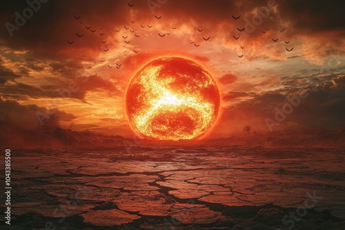 A sunburnt Earth with cracked soil and a bright red sun above symbolizing the harsh effects of heatwaves photo