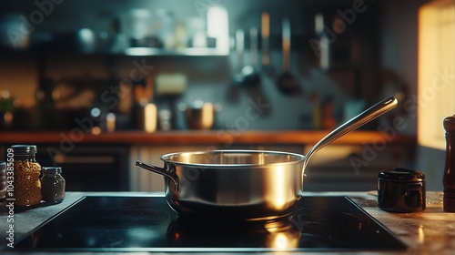 A stainless steel pot sits on a modern electric stovetop in a kitchen with fresh herbs and tomatoes on the counter. The sun shines through a window in the background