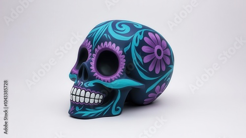 Colorful decorative skull with floral designs, symbolizing Dia de los Muertos celebration.