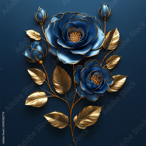 3D Vector gold on blue roses line art, elegant style flowers background.