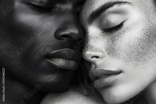 Two people are hugging each other, one is black and the other is white. The black person has a beard and the white person has a nose piercing. Concept of love and connection between the two people